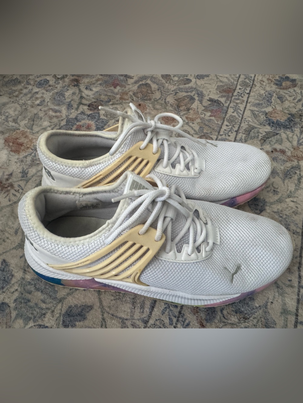Puma White Mesh Lace-Up Sneakers with Cream Heel Cage and Multicolor Sole